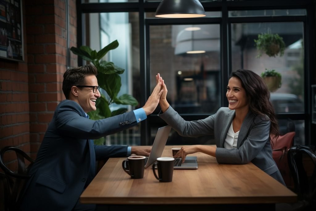 Gambar Ilustrasi yang menggambarkan pebisnis yang bahagia dan antusias karena mulai merasakan manfaat melakukan coaching bisnis. Dibuat menggunakan AI